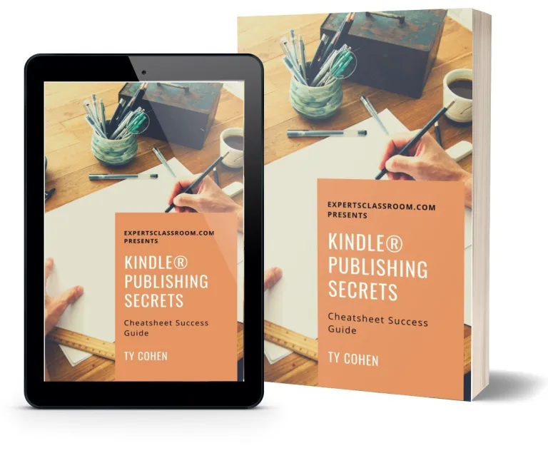 An iPad and a real book with text that says Kindle Publishing Secrets and Ty Cohen
