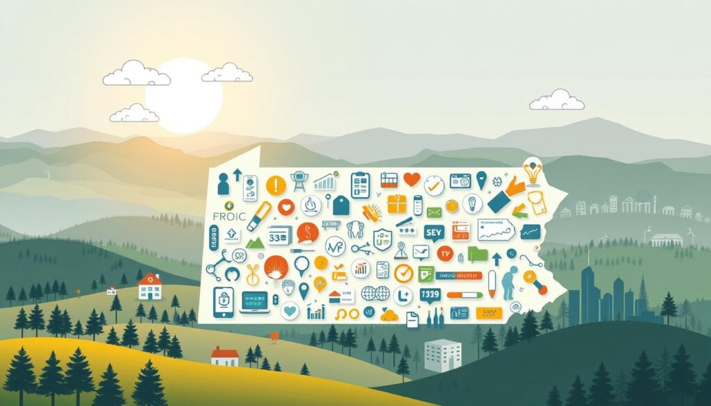 A detailed and visually engaging illustration of the health coverage options available in Pennsylvania. A dynamic composition showcasing a variety of insurance plan icons, symbols, and infographic elements against a backdrop of Pennsylvania's scenic landscapes, including rolling hills, forests, and cityscape silhouettes. Bright, warm lighting casts a hopeful glow, while a subtle color palette of blues, greens, and grays conveys a sense of reliability and trustworthiness. The image should strike a balance between informative and aesthetically pleasing, capturing the essence of the "Discover Health in Pennsylvania" theme.