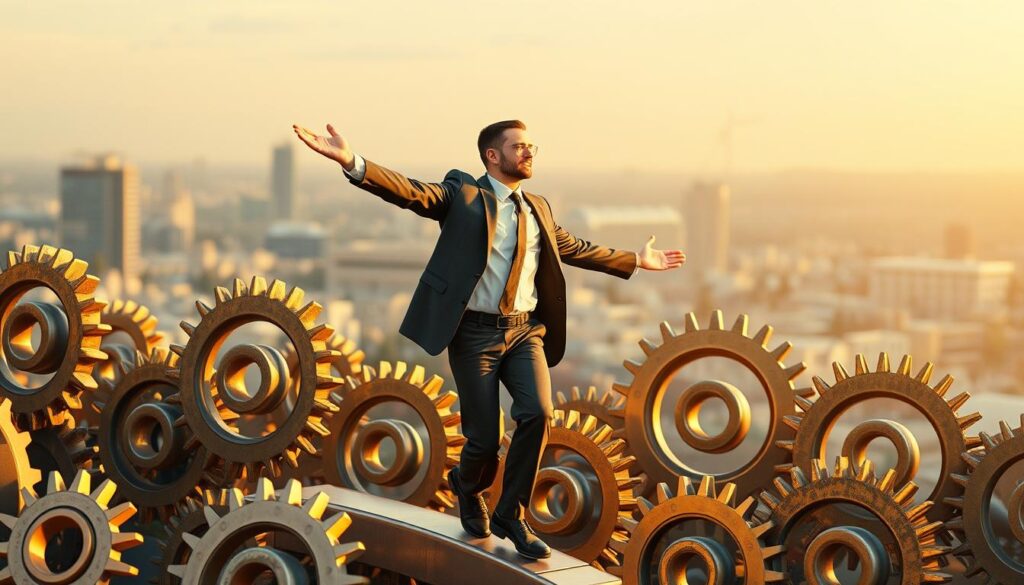 A dynamic and forward-thinking business leader navigates a maze of interconnected gears, symbolizing the adaptive mindset required to navigate the ever-changing landscape. The gears seamlessly integrate, suggesting the harmonious blend of innovation and adaptability. Warm, golden lighting illuminates the scene, casting a sense of optimism and possibility. The leader stands tall, arms outstretched, embodying a confident, growth-oriented approach. The background features a cityscape, hinting at the broader context of the business world. The overall composition conveys the key benefits of a growth mindset: resilience, flexibility, continuous learning, and the ability to thrive in the face of challenges.