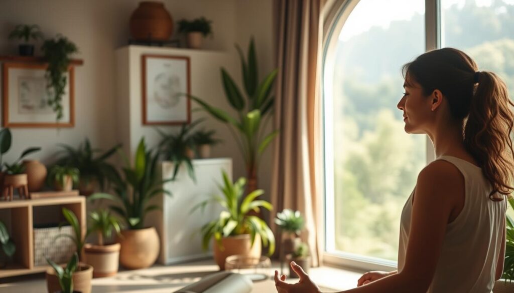A serene and tranquil wellness coaching scene, captured in soft, natural lighting. In the foreground, a wellness coach guides a client through a calming meditation exercise, their expressions serene and focused. The middle ground features a cozy, well-appointed studio space with plants, soothing decor, and a large window overlooking a lush, verdant landscape. In the background, a hazy, sun-dappled forest scene, conveying a sense of peace and rejuvenation. The overall atmosphere is one of relaxation, empowerment, and the transformative benefits of wellness coaching.