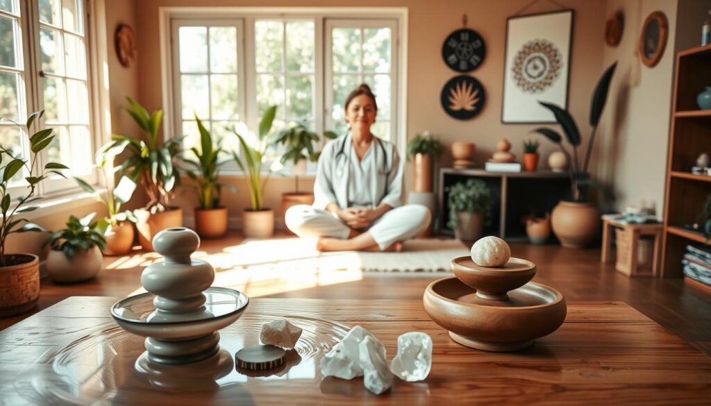 A serene, inviting office setting with an array of holistic healing tools and modalities. In the foreground, a calming water feature and crystals adorn a wooden table, setting a tranquil atmosphere. At the center, a wise, compassionate practitioner sits cross-legged, ready to guide a client on their wellness journey. Soft, natural lighting filters through large windows, casting a warm glow. The background depicts soothing plants and symbols of balance and harmony, reflecting the holistic approach. The scene evokes a sense of trust, care, and the promise of transformation through integrative therapies.