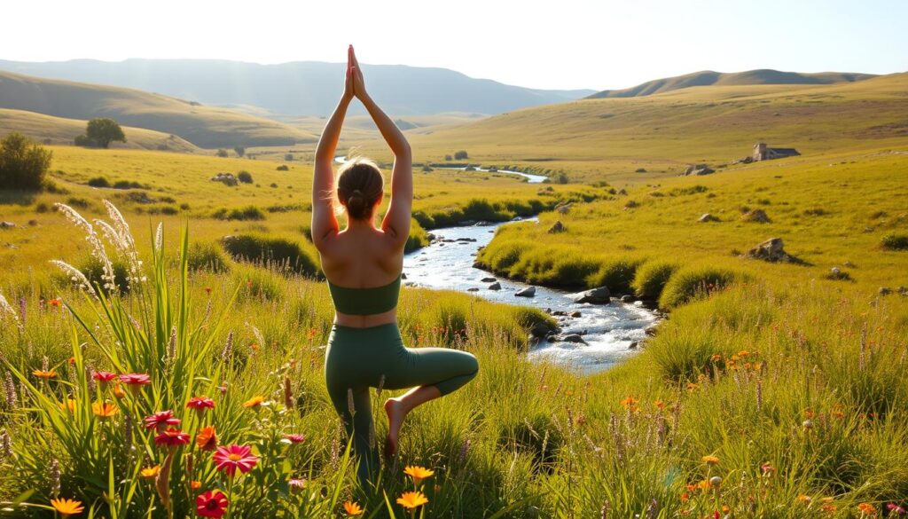 A serene meadow bathed in soft, golden light. In the foreground, a person engages in gentle yoga poses, their body radiating health and vitality. Surrounding them, lush greenery and vibrant wildflowers create a sense of natural harmony. In the middle ground, a sparkling stream winds its way through the landscape, its calming sounds inviting a moment of peaceful contemplation. The background features rolling hills and a clear, azure sky, conveying a mood of tranquility and renewal. The overall scene evokes a deep connection between physical wellbeing and emotional equilibrium.