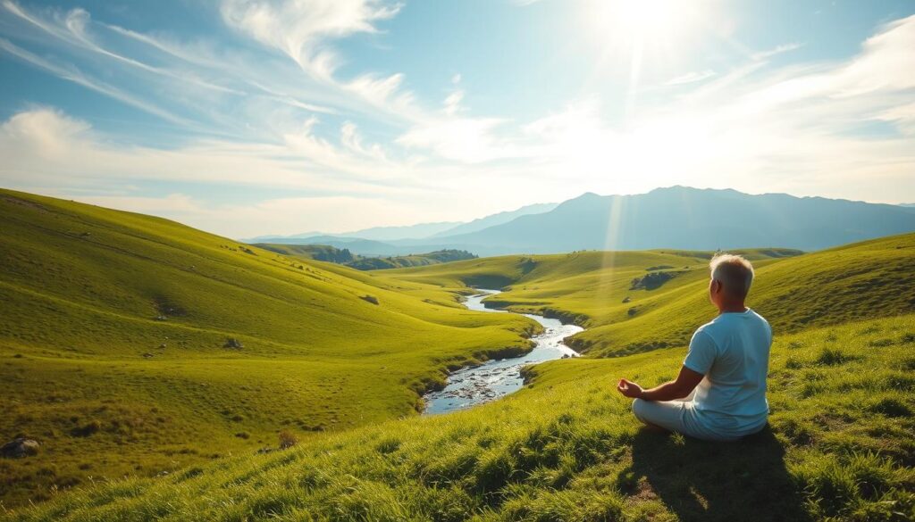 A serene outdoor scene with a person sitting cross-legged on a grassy hill, meditating amidst a lush, verdant landscape. Sunlight filters through wispy clouds, casting a warm, soothing glow. In the middle ground, a small stream winds its way through the rolling hills, its gentle rippling sounds evoking a sense of tranquility. In the background, a distant mountain range rises majestically, its peaks capped with snow. The overall atmosphere is one of calm, rejuvenation, and mindfulness, capturing the essence of techniques for anxiety relief.