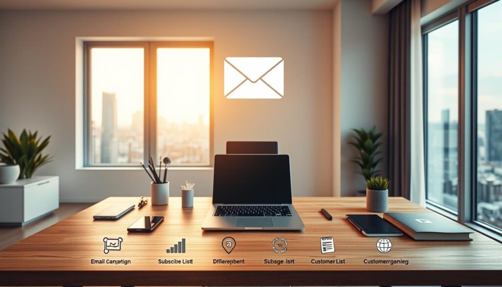 A sleek and modern home office setup with a laptop, smartphone, and office supplies arranged neatly on a minimalist, wooden desk. The room is bathed in warm, natural light from large windows, creating a productive and inviting atmosphere. In the foreground, a stylized email icon hovers above the desk, representing the digital nature of email marketing. The middle ground features small icons and infographic elements related to email campaign analytics, subscriber list management, and customer engagement strategies. The background showcases a city skyline or serene nature scene, symbolizing the global reach and versatility of email marketing for an ecommerce business.