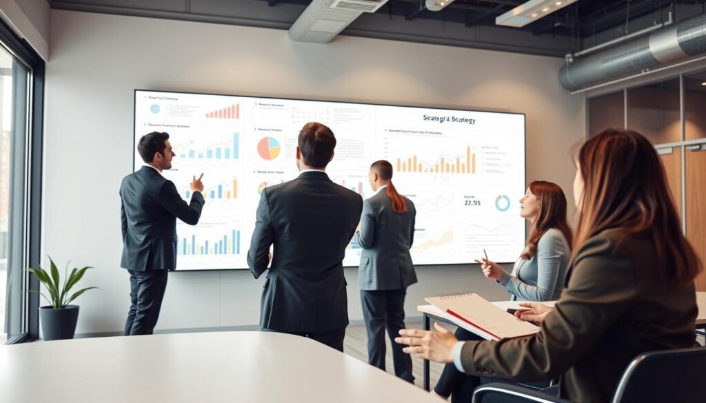 A spacious, modern office setting with strategic business charts and diagrams displayed on a large wall monitor. In the foreground, a team of professionals engaged in a collaborative discussion, gesturing towards the screen and taking notes. The lighting is soft and natural, creating a productive and contemplative atmosphere. The angle is slightly elevated, capturing the intellectual energy of the strategy development process. The overall mood conveys a sense of focused deliberation and a commitment to uncovering the path to business success.