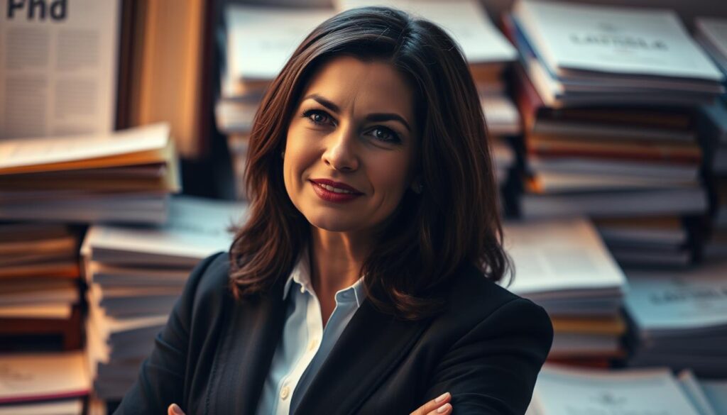 A high-contrast, dramatic portrait of Sheryl Sandberg, the renowned business leader and author, against a blurred background of books and papers. Her confident expression and professional attire suggest her "playbook" for scaling companies. Warm side lighting illuminates her face, creating a sense of authority and focus. The depth of field draws the viewer's eye to Sandberg, emphasizing her as the central figure and the subject of this "playbook" for entrepreneurial success.