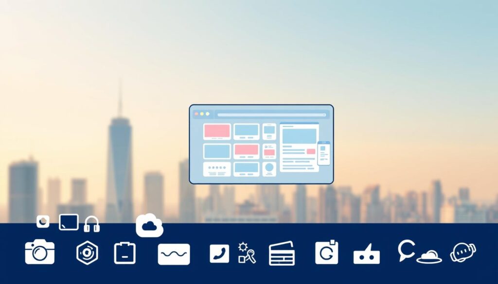 A modern, minimalist illustration of various free digital tools and resources. In the foreground, a collection of simple icons representing productivity apps, design software, cloud storage, and communication platforms. The middle ground features a floating display screen with a grid layout, showcasing different web browser windows and mobile device mockups. In the background, a softly blurred cityscape with a clear sky and warm, diffused lighting, conveying a sense of progress and opportunity. The overall composition is clean, balanced, and designed to inspire creativity and online growth.