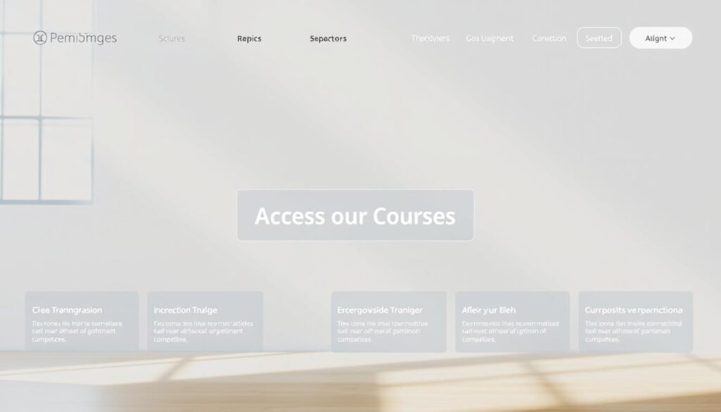 A modern, sleek web interface with a clean, minimalist design showcasing a variety of online business training courses. In the center, a large "Access our Courses" button stands out, inviting the user to explore the comprehensive curriculum. The background features a subtle grid pattern, hinting at the structured and organized nature of the training programs. Soft, natural lighting illuminates the scene, creating a warm and welcoming atmosphere. The overall impression is one of professionalism, accessibility, and the promise of valuable business knowledge at the user's fingertips.