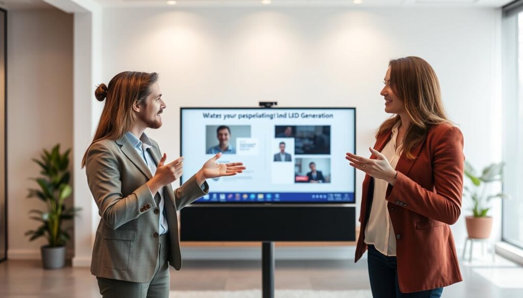 A serene webinar scene with two professional presenters standing side-by-side, gesturing towards a shared presentation screen. The lighting is soft and flattering, creating a warm, inviting atmosphere. The background features a modern, minimalist office setting with clean lines and muted colors, allowing the presenters to be the focal point. The overall composition is balanced and visually appealing, conveying a sense of collaboration and lead generation potential.