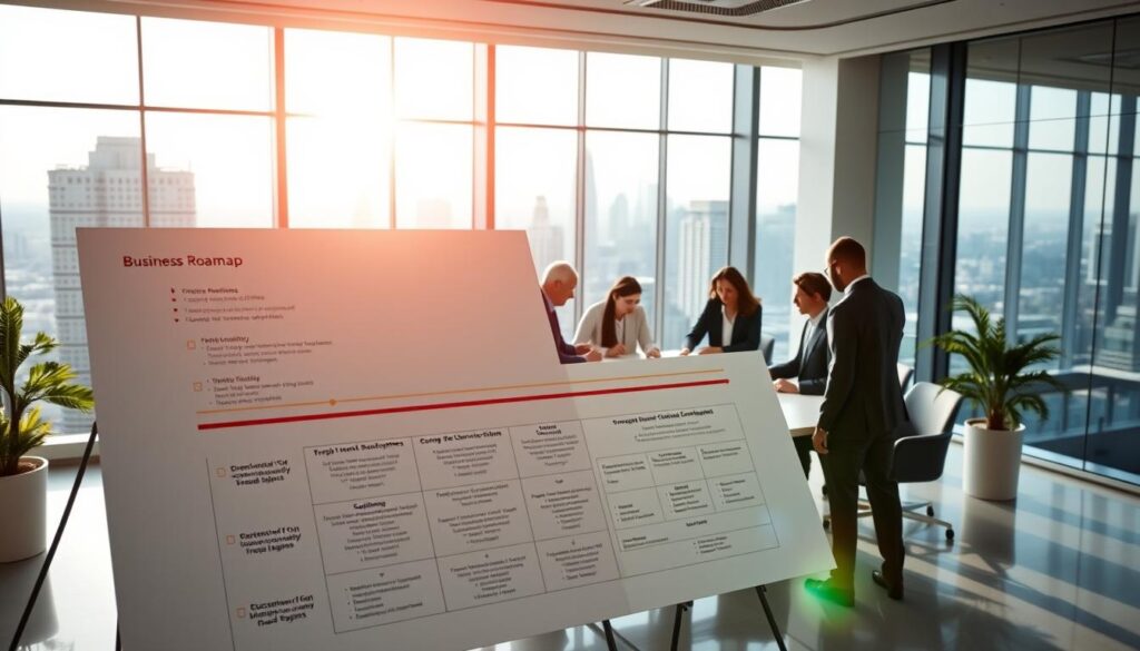 A sleek, modern office setting with a clean, minimalist aesthetic. In the foreground, a large whiteboard or digital display shows a detailed business roadmap, with various milestones, timelines, and strategic objectives clearly laid out. In the middle ground, a team of professionals, dressed in business attire, huddle around a conference table, discussing and collaborating on the roadmap. The lighting is bright and natural, with a warm, inviting tone. The background features floor-to-ceiling windows, offering a panoramic view of a bustling city skyline. The overall scene conveys a sense of focus, productivity, and strategic planning for business growth and development.