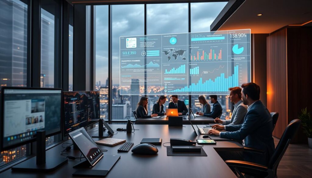 A sleek, modern office setting with a large window offering a panoramic cityscape view. In the foreground, an executive desk with a dual-monitor setup, a smart tablet, and an array of ergonomic accessories. The middle ground features a team of professionals collaborating on a presentation, their faces illuminated by the glow of their laptops. In the background, a holographic display projects vibrant visualizations of customer data, lead metrics, and sales forecasts. The lighting is a balanced mix of natural daylight and warm, focused task lighting, creating a productive and inspiring atmosphere.