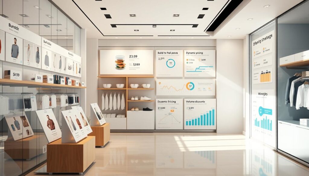 A vibrant e-commerce storefront showcasing an array of products, their prices, and strategic pricing tactics. In the foreground, various product images are displayed, each with a clean, minimalist aesthetic and clear pricing information. The middle ground features interactive graphics and charts highlighting effective pricing strategies, such as bundling, dynamic pricing, and volume discounts. In the background, a sleek, modern setting with clean lines and neutral tones creates a sophisticated, professional atmosphere. Soft, directional lighting casts subtle shadows, emphasizing the depth and dimensionality of the scene. The overall composition conveys a sense of thoughtful, data-driven decision making that can elevate e-commerce profitability.