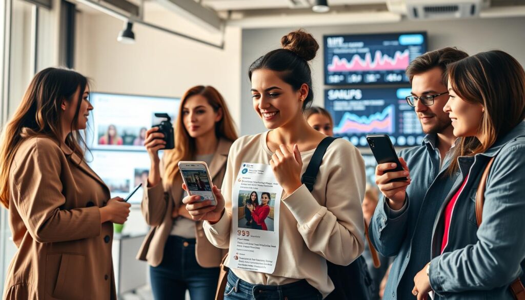 A vibrant, high-resolution image showcasing various influencer marketing strategies. In the foreground, a group of fashion and lifestyle influencers engaged in dynamic interactions, their phones and cameras capturing content. In the middle ground, a social media feed displays their posts, complete with likes, comments, and shares. The background features a sleek, modern office setting, with screens displaying analytics and campaign performance metrics. The lighting is soft and natural, creating a warm, inviting atmosphere. The composition emphasizes the interconnectedness of influencers, their audience, and the data-driven insights that drive successful influencer marketing campaigns.