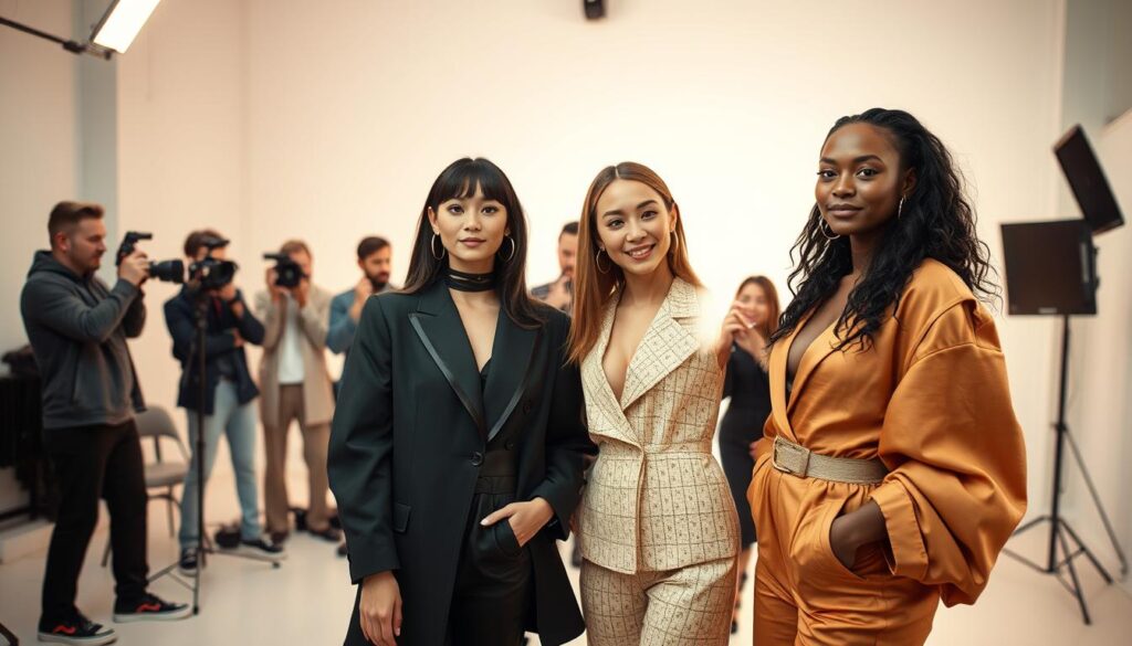 A vibrant scene of influencer collaborations unfolds, showcasing a dynamic partnership between fashion and beauty icons. In the foreground, two models pose gracefully, dressed in chic, stylish outfits that complement each other's aesthetics. Their natural expressions convey a sense of camaraderie and shared purpose. In the middle ground, a team of creatives captures the moment, with a photographer's camera poised to immortalize the collaboration. The background is a minimalist, modern studio space, bathed in soft, diffused lighting that illuminates the collaborative energy. The overall atmosphere exudes a sense of professionalism, creativity, and the power of influential individuals coming together to amplify each other's reach and impact.