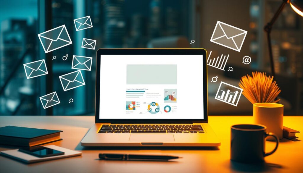 A modern open laptop surrounded by various email marketing elements - envelope icons, smartphone, charts, and graphs. The scene is illuminated by warm, soft lighting, creating a professional and productive atmosphere. The laptop's screen displays a clean email template with dynamic visuals, hinting at the power of email marketing strategies. The middle ground features desk accessories like a pen, notebook, and coffee mug, suggesting a thoughtful, organized approach. The background has blurred city skyline or office environment, emphasizing the digital, tech-savvy nature of the scene. The overall composition conveys the effectiveness and versatility of email marketing as a lead generation tactic.