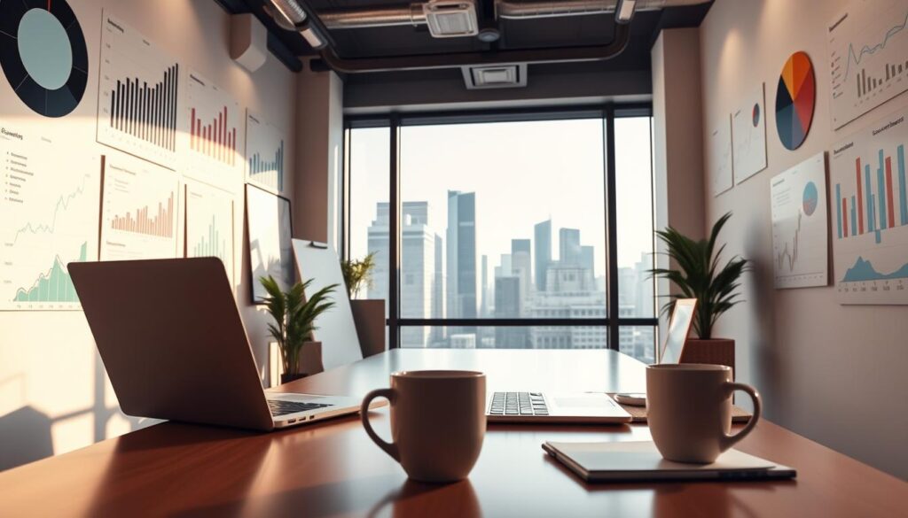 a digital marketing agency office with desk, laptop, and coffee cup in the foreground, surrounded by graphs, charts, and key performance indicators on the walls, all illuminated by soft, natural lighting from a large window in the middle ground, with a cityscape visible through the window in the background, creating a professional, productive, and data-driven atmosphere for optimizing content for conversions